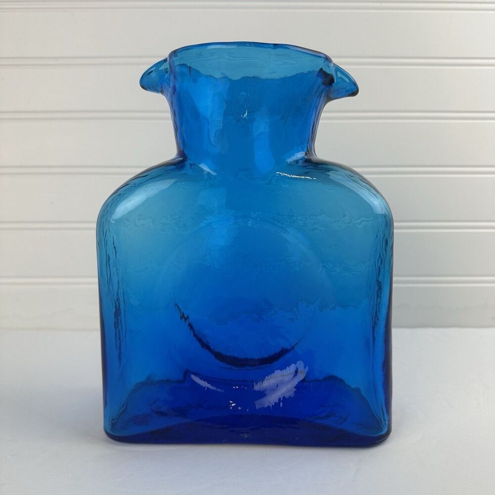Blenko Glass Blue Double Spout Water Bottle Pitcher Carafe #384 Vintage Unmarked - Picture 3 of 15